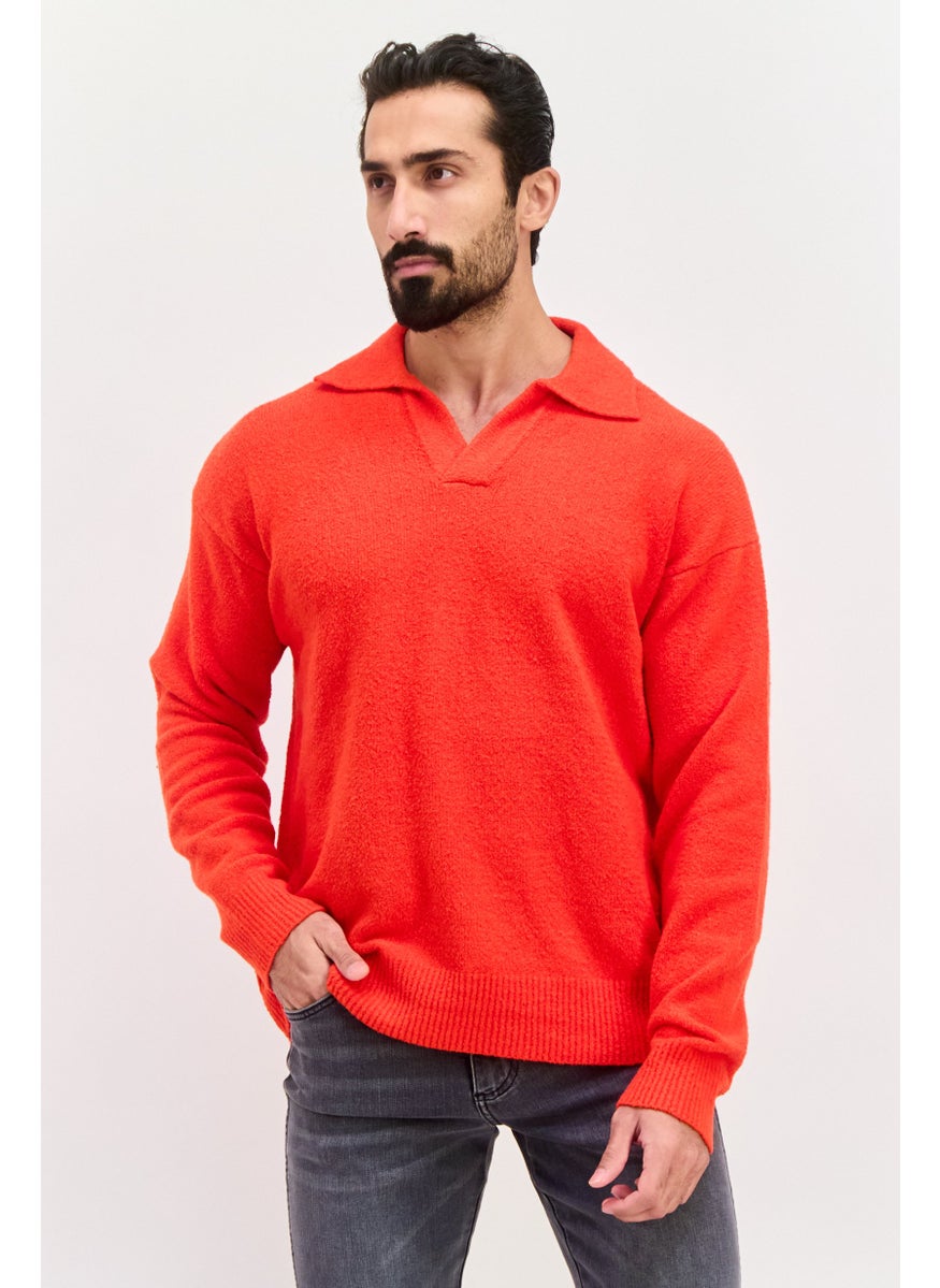 Men Spread Neck Textured Long Sleeves Sweater, Red