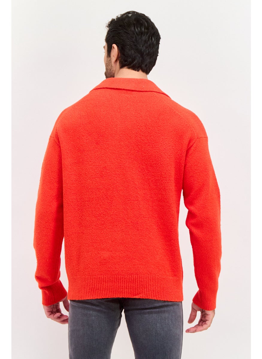 Men Spread Neck Textured Long Sleeves Sweater, Red