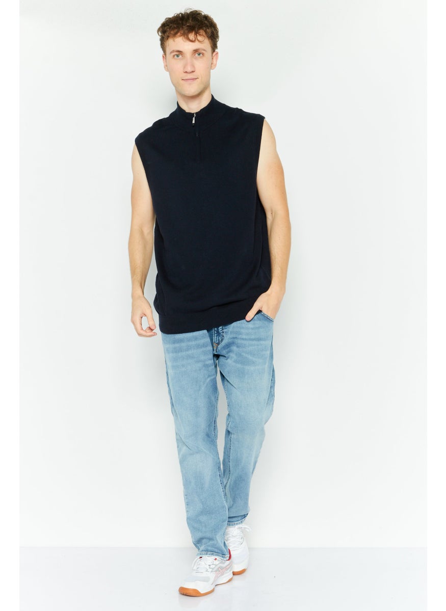 Men Mock Neck Textured Sleeveless Vest, Dark Navy
