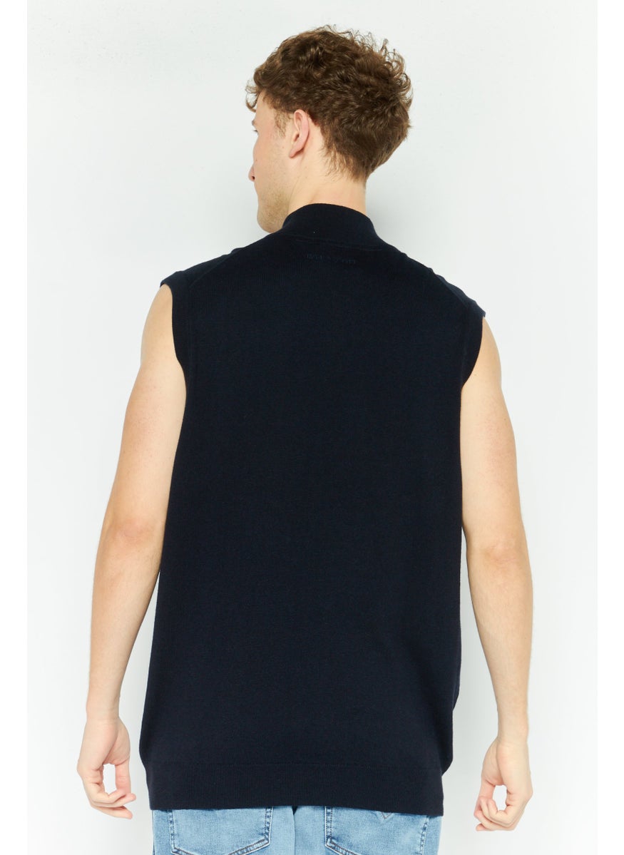 Men Mock Neck Textured Sleeveless Vest, Dark Navy