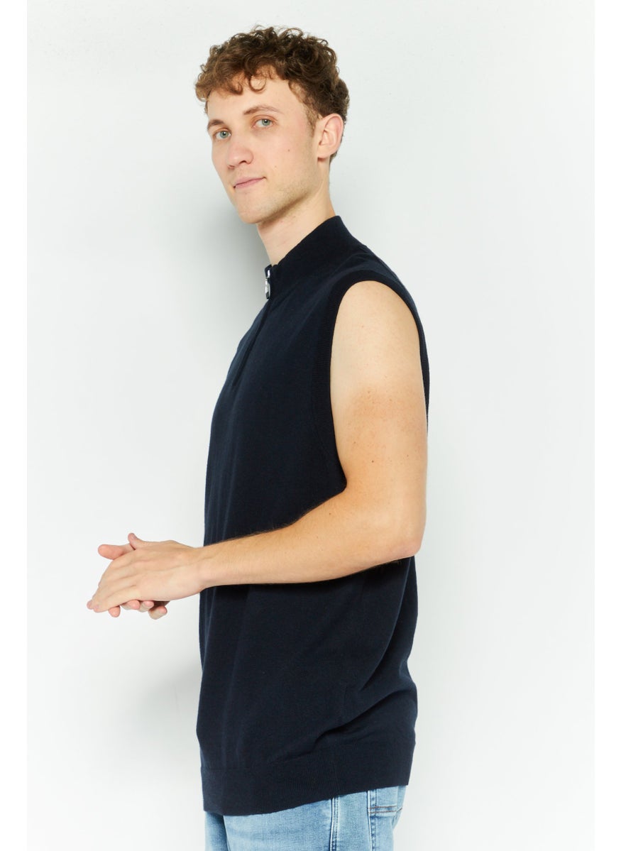 Men Mock Neck Textured Sleeveless Vest, Dark Navy