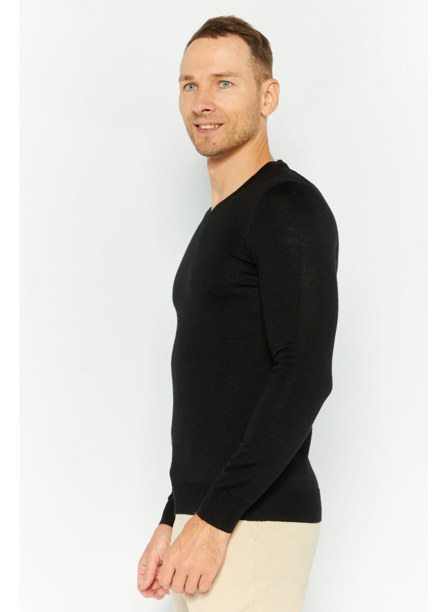 Men V-Neck Textured Long Sleeves Sweater, Black