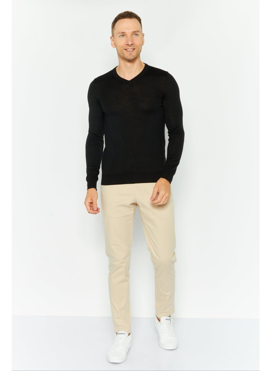 Men V-Neck Textured Long Sleeves Sweater, Black