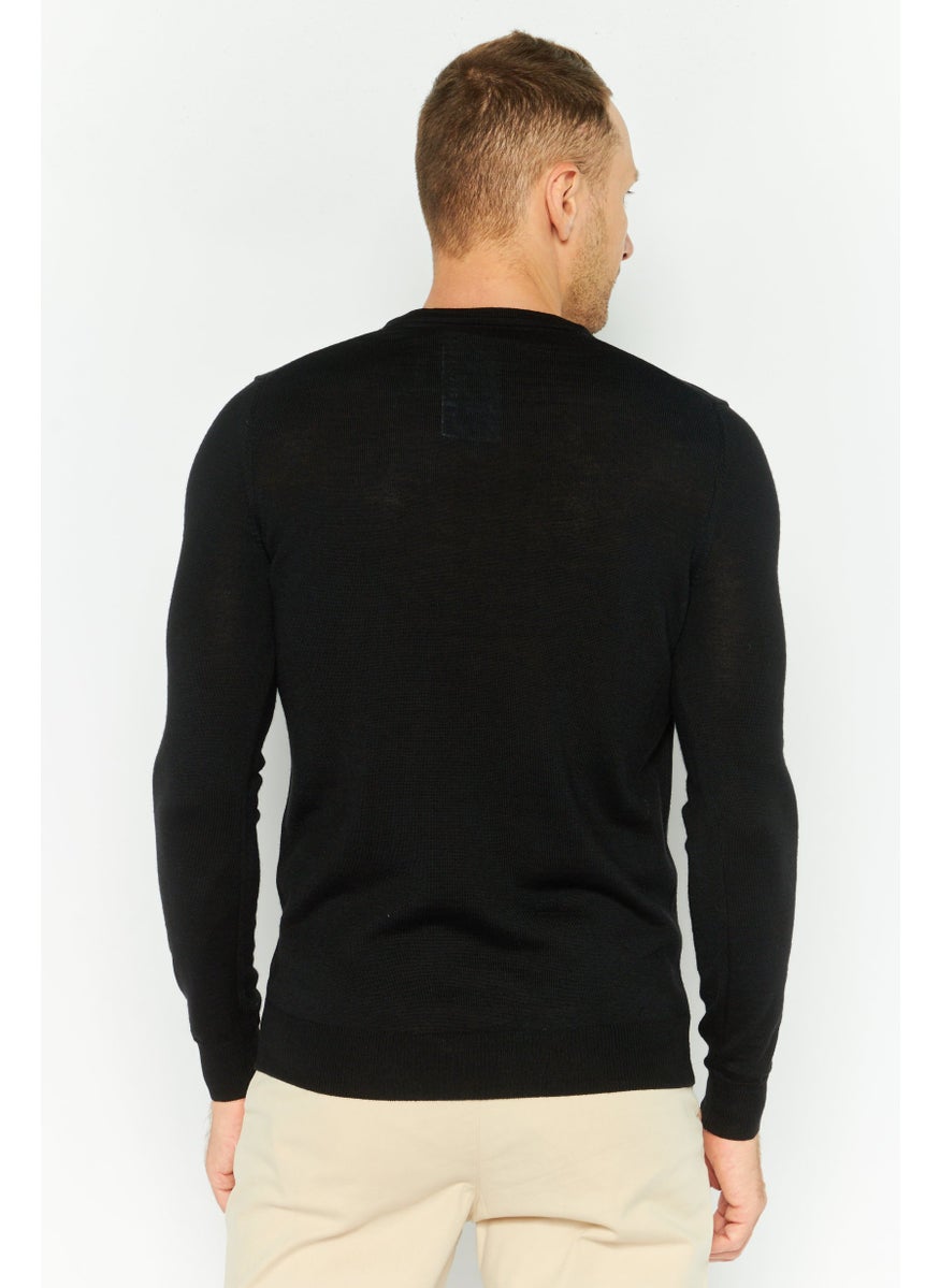 Men V-Neck Textured Long Sleeves Sweater, Black