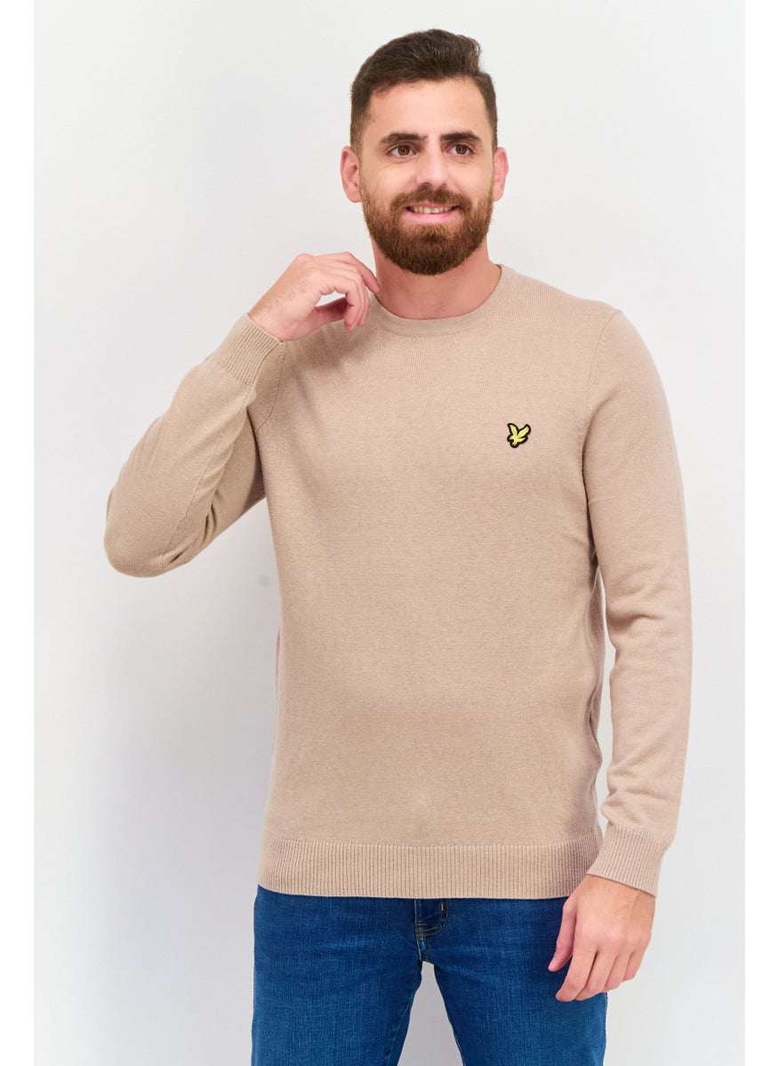 Men Crew Neck Knitted Long Sleeves Sweater, Light Brown