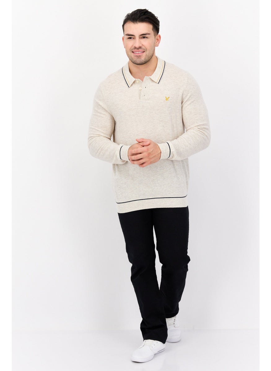 Men Spread Neck Embroidered Logo Long Sleeves Sweater, Heather Cream