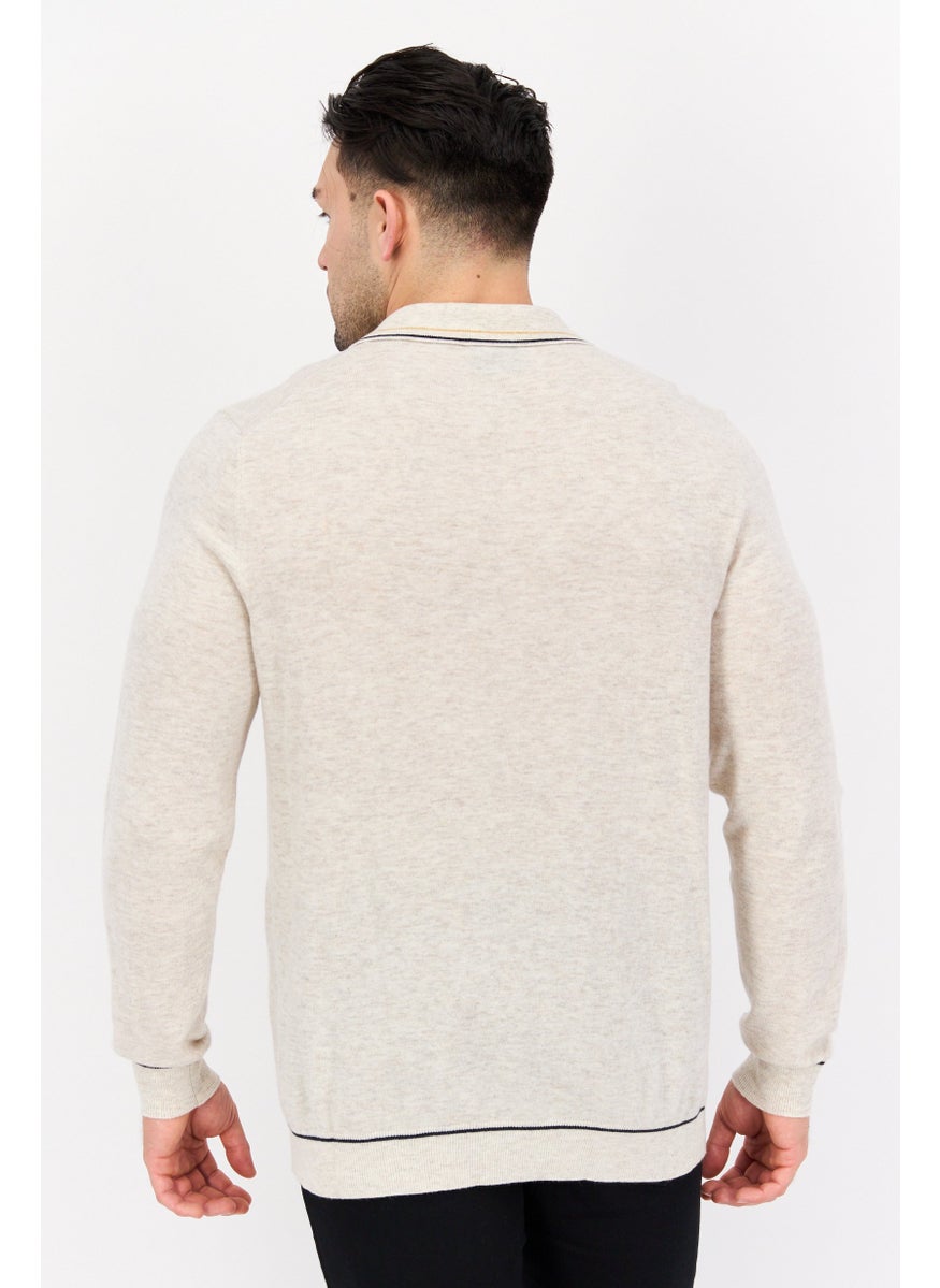 Men Spread Neck Embroidered Logo Long Sleeves Sweater, Heather Cream
