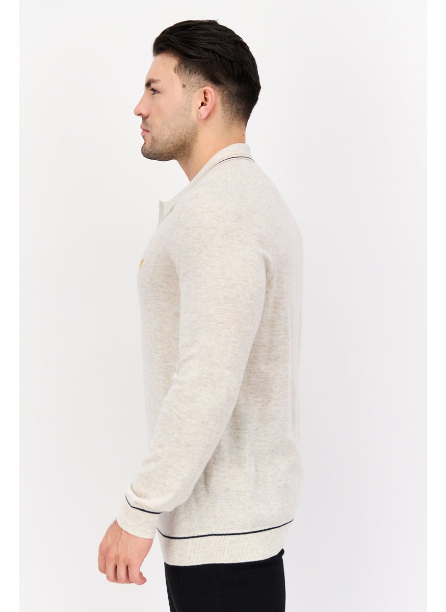Men Spread Neck Embroidered Logo Long Sleeves Sweater, Heather Cream