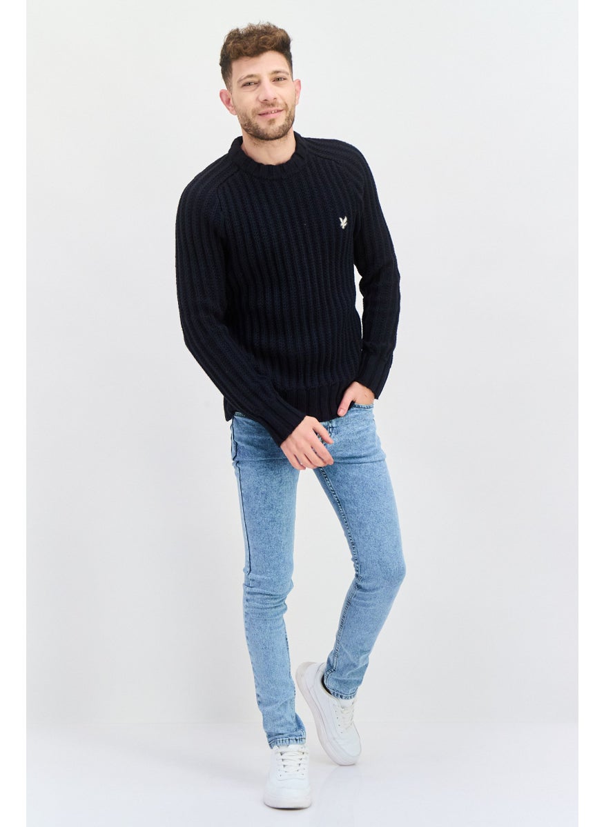 Men Crew Neck Long Sleeve Brand Logo Sweater, Navy Blue