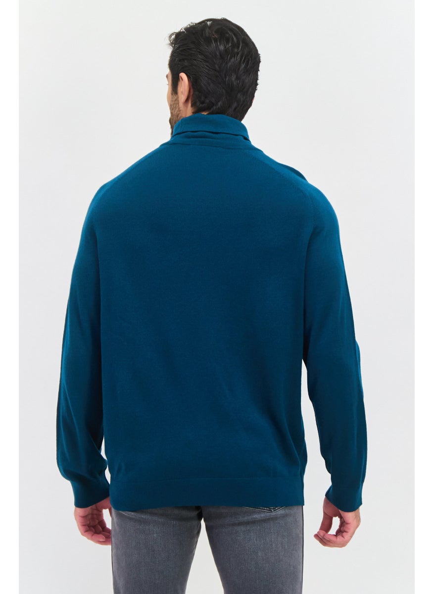 Men Mock Neck Embroidered Print Long Sleeve Sweater, Green