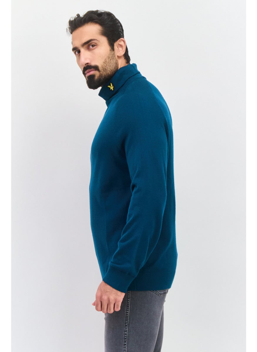 Men Mock Neck Embroidered Print Long Sleeve Sweater, Green