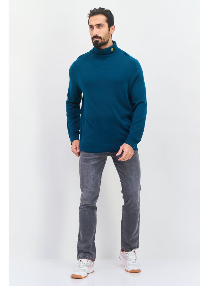 Men Mock Neck Embroidered Print Long Sleeve Sweater, Green