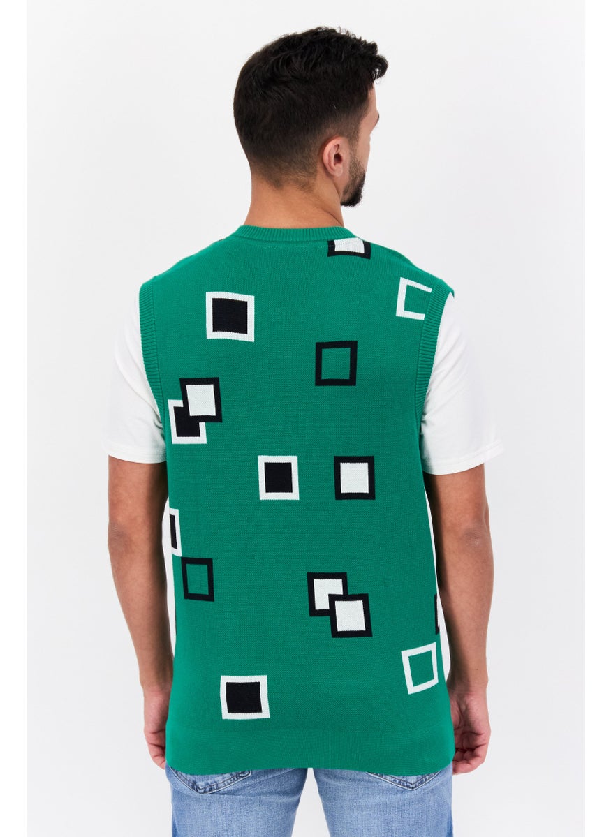 Men Crew Neck Sleeveless Allover Print Vest, Green Combo
