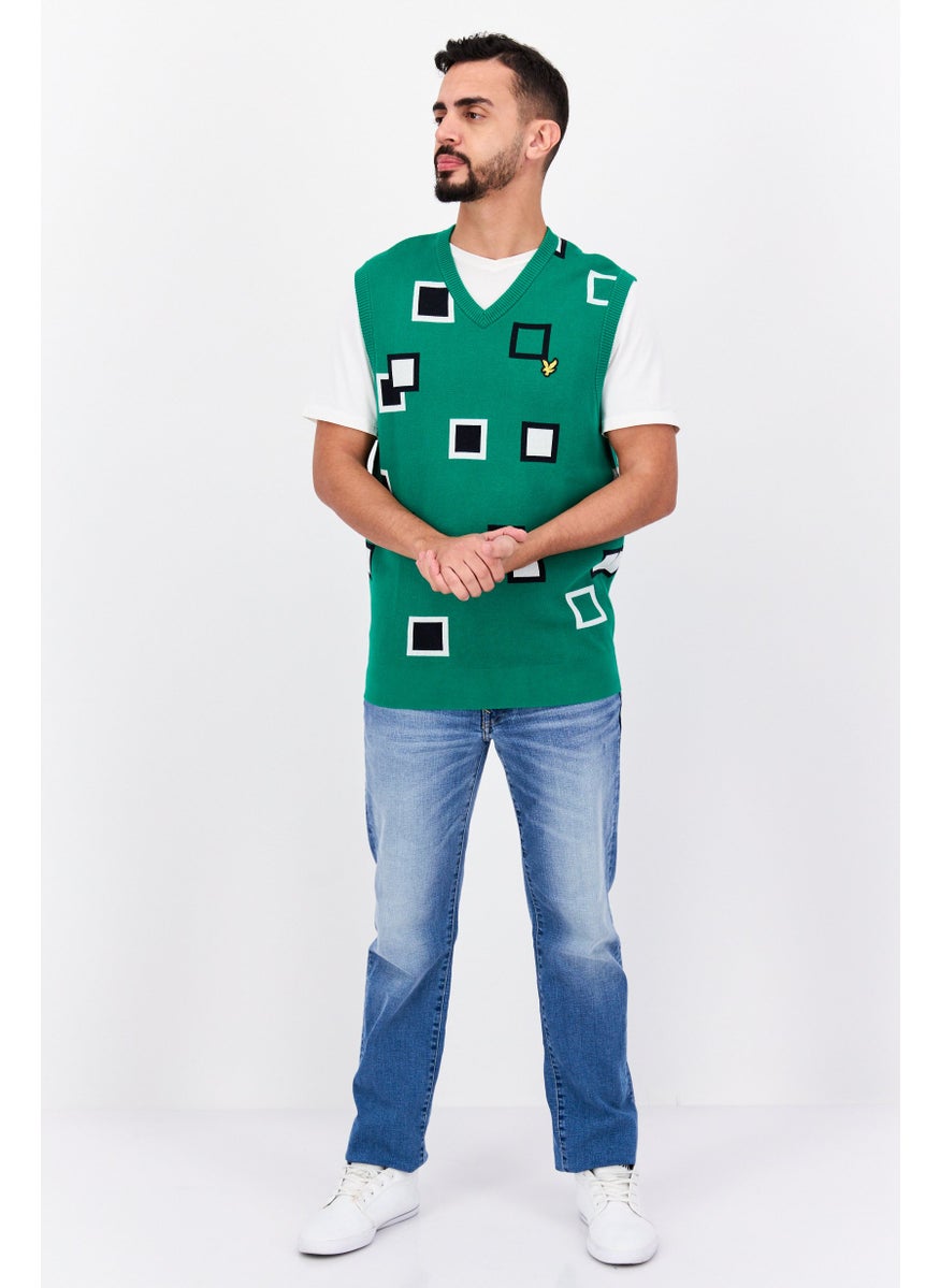 Men Crew Neck Sleeveless Allover Print Vest, Green Combo