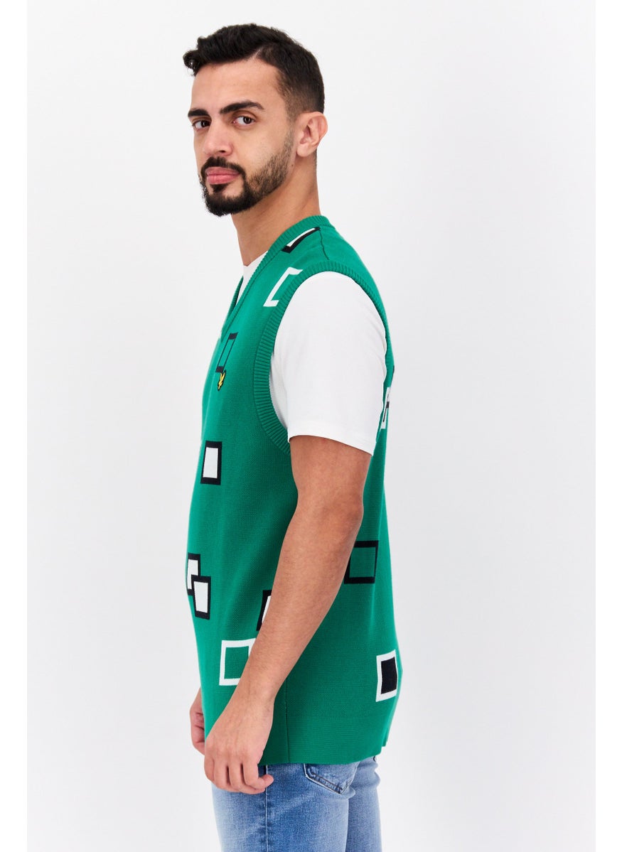 Men Crew Neck Sleeveless Allover Print Vest, Green Combo