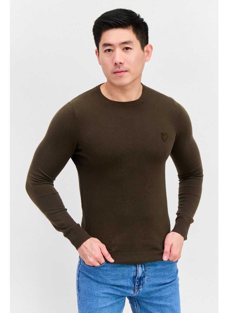 Men Crew Neck Embroidered Logo Sweater, Olive