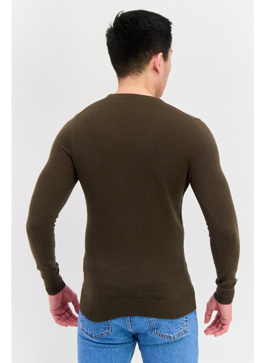 Men Crew Neck Embroidered Logo Sweater, Olive