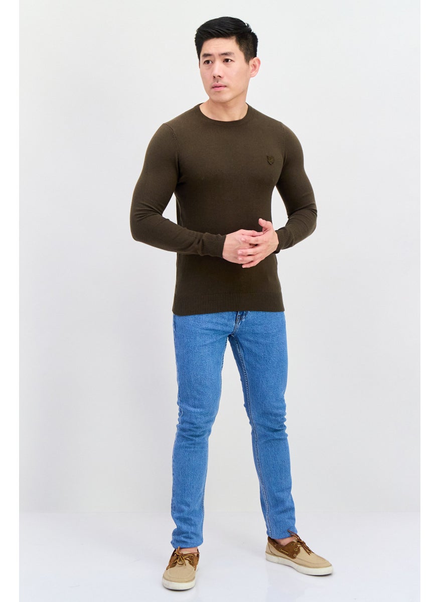 Men Crew Neck Embroidered Logo Sweater, Olive