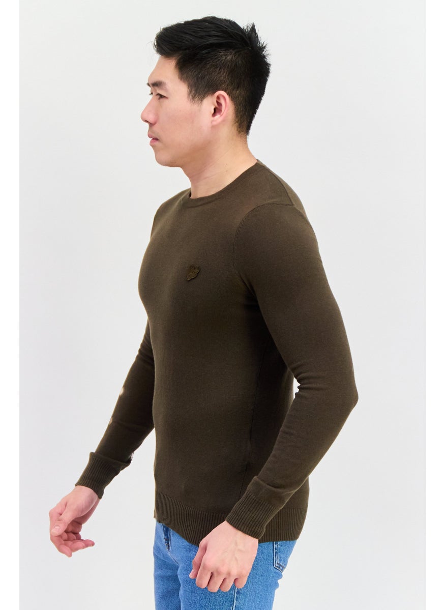 Men Crew Neck Embroidered Logo Sweater, Olive