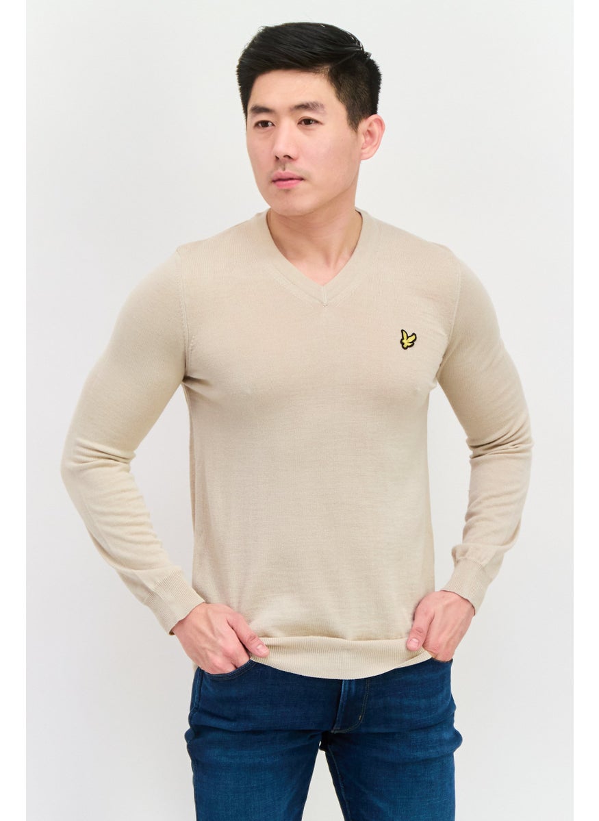 Men V-Neck Embroidered Logo Sweater, Taupe