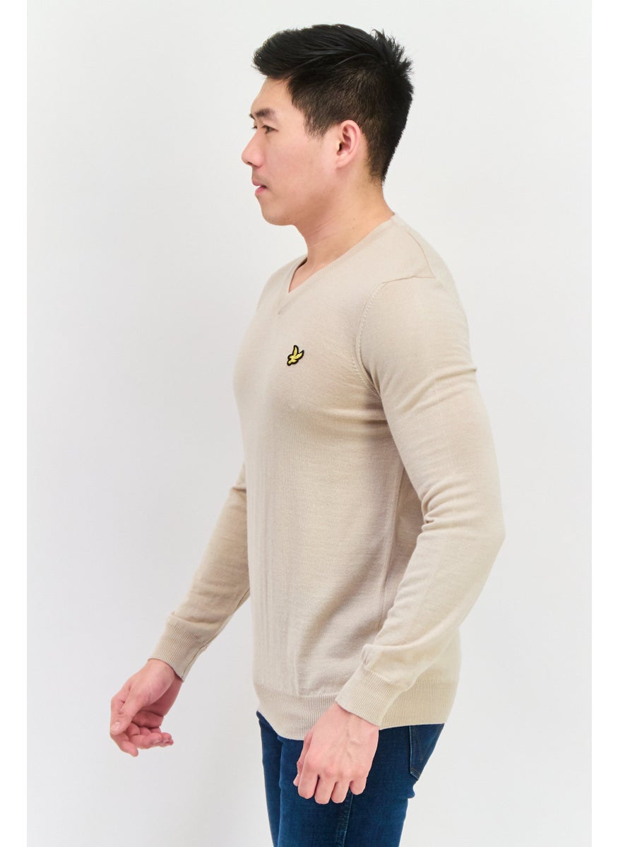 Men V-Neck Embroidered Logo Sweater, Taupe