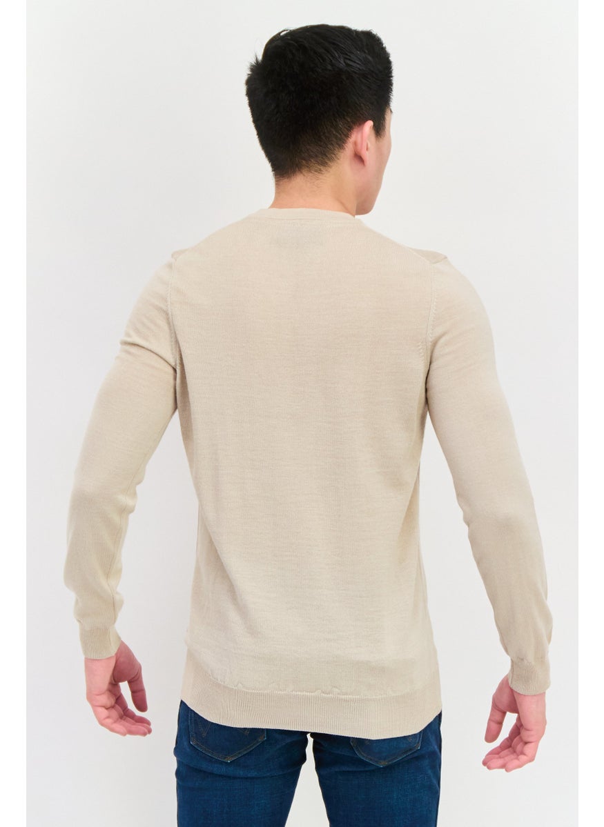 Men V-Neck Embroidered Logo Sweater, Taupe