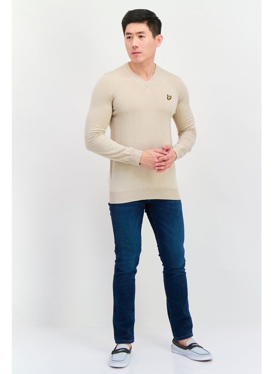 Men V-Neck Embroidered Logo Sweater, Taupe