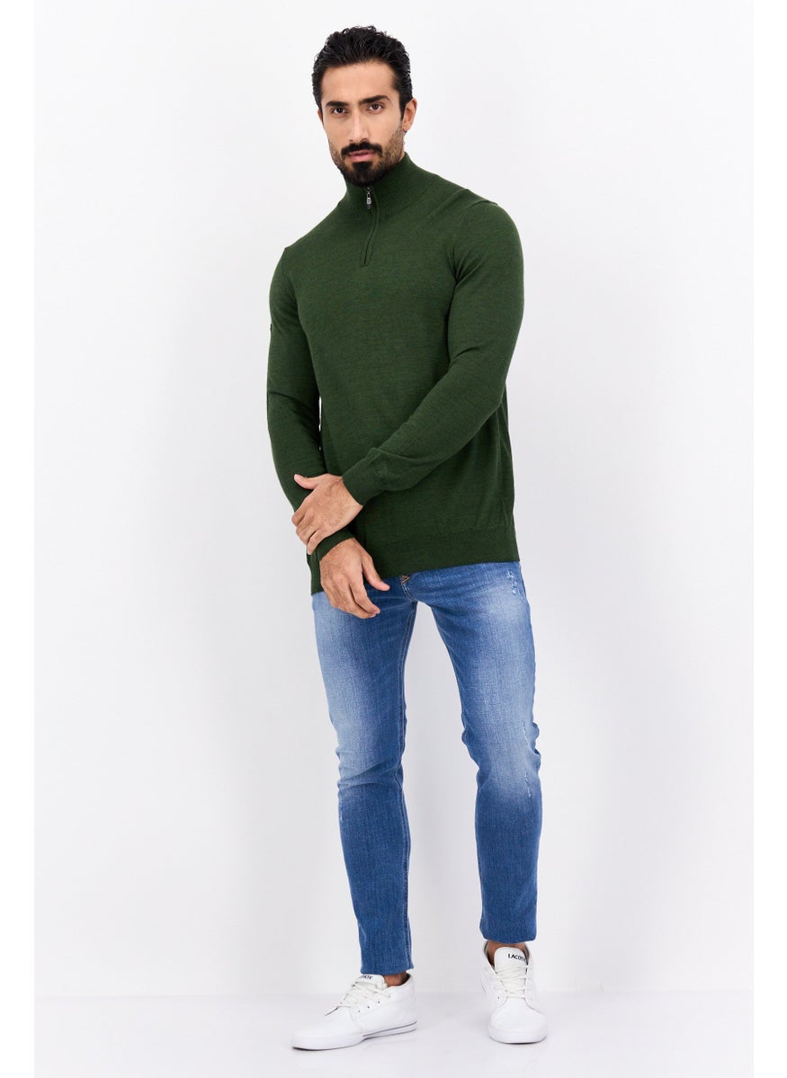 Men Funnel Neck Long Sleeves Brand Logo Sweater, Green