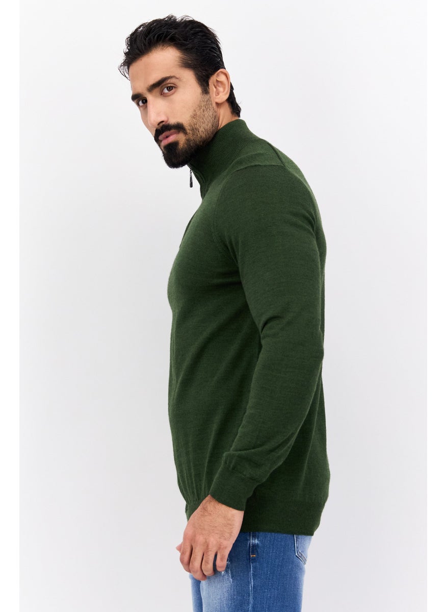 Men Funnel Neck Long Sleeves Brand Logo Sweater, Green