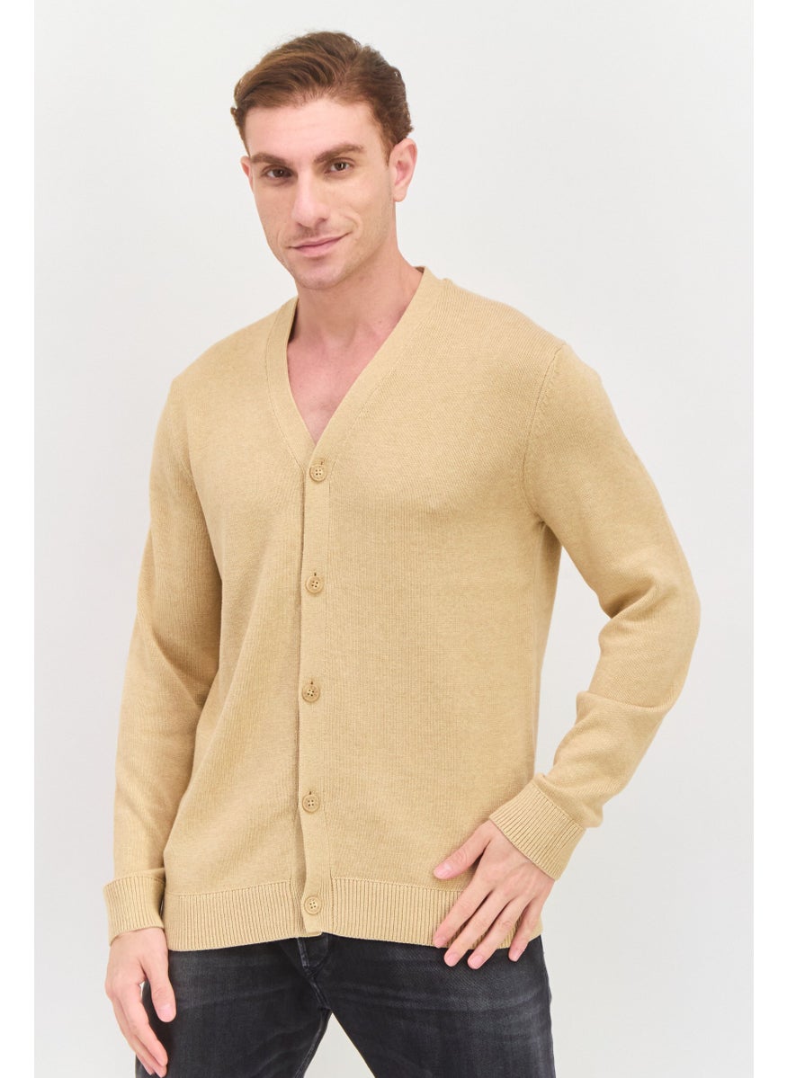 Men V Neck Textured Cardigan, Tan