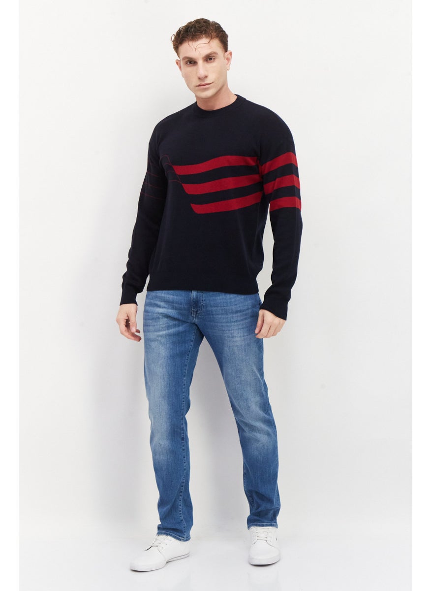 Men Crew Neck Long Sleeve Two Tone Sweater, Navy