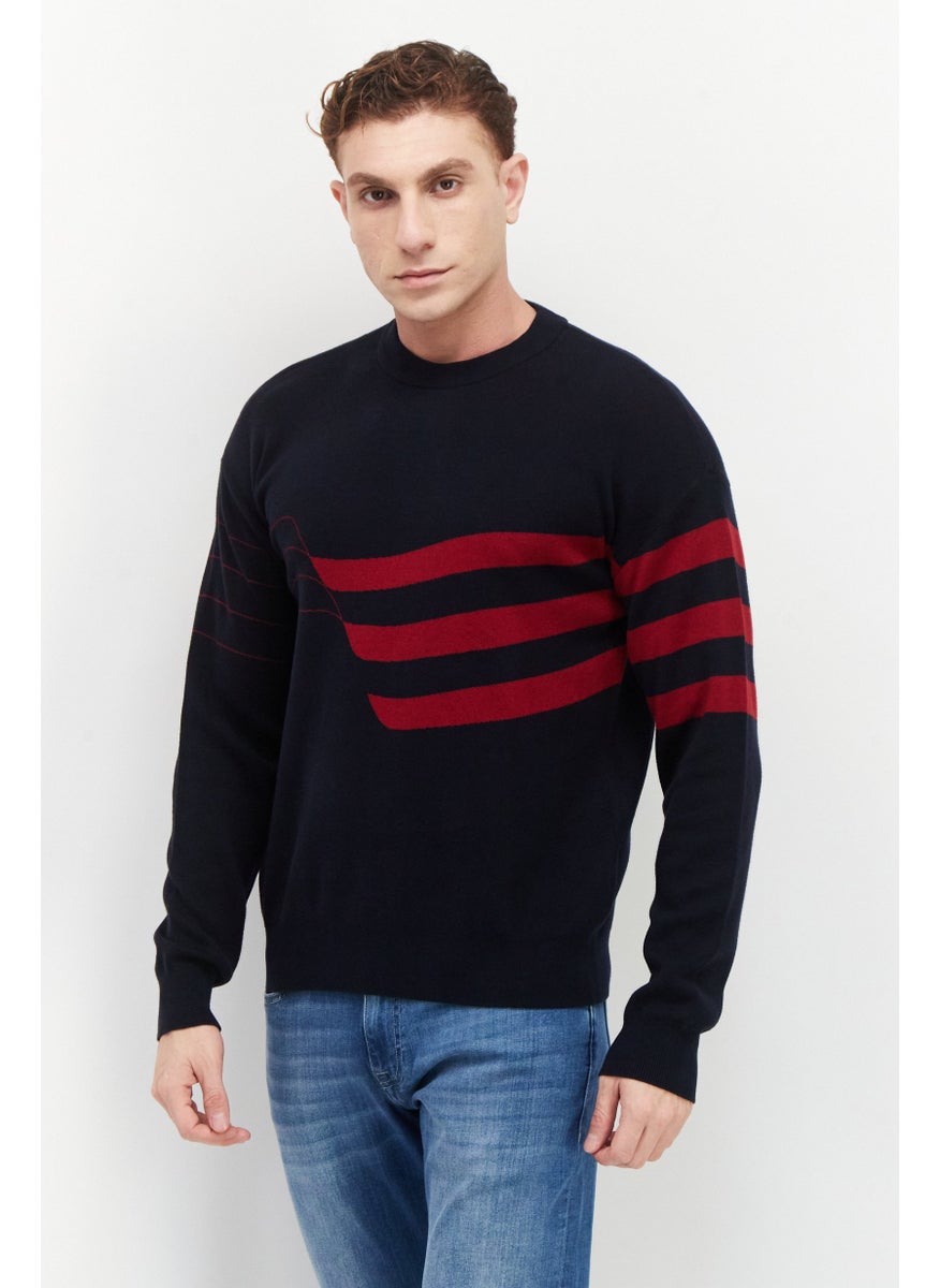 Men Crew Neck Long Sleeve Two Tone Sweater, Navy