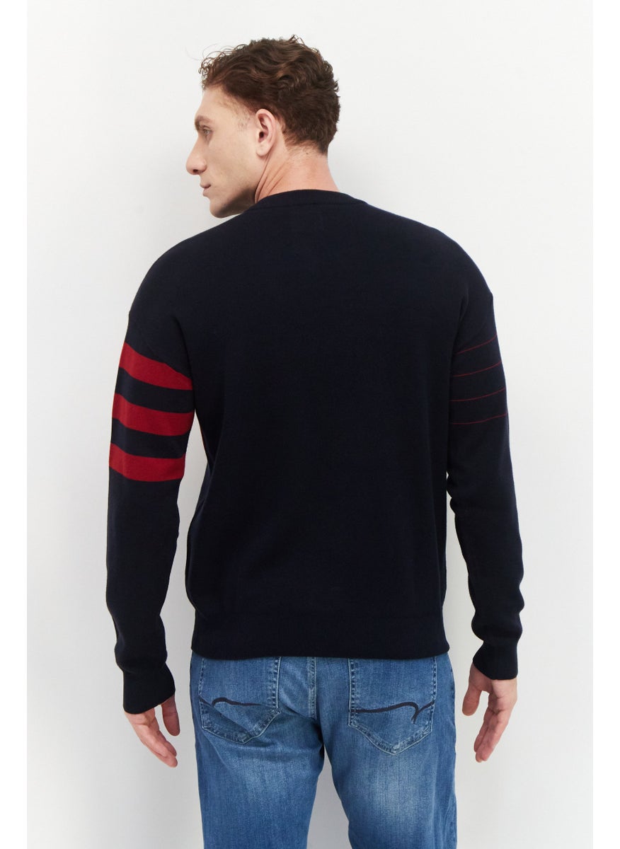 Men Crew Neck Long Sleeve Two Tone Sweater, Navy