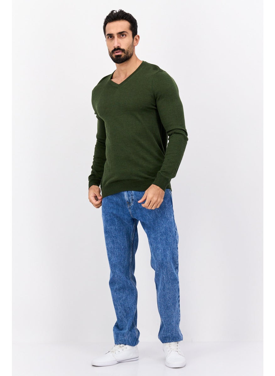 Men V-Neck Textured Print Long Sleeves Sweater, Olive