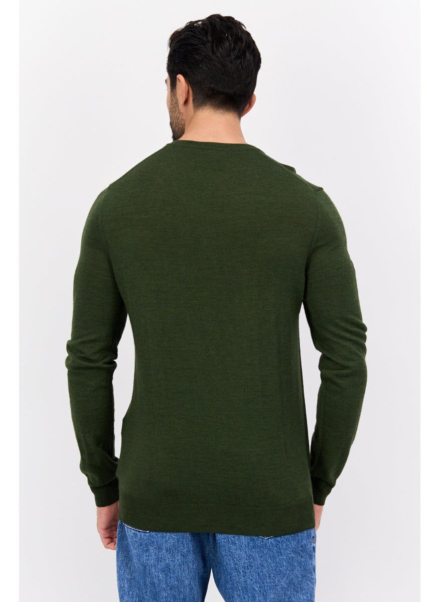 Men V-Neck Textured Print Long Sleeves Sweater, Olive
