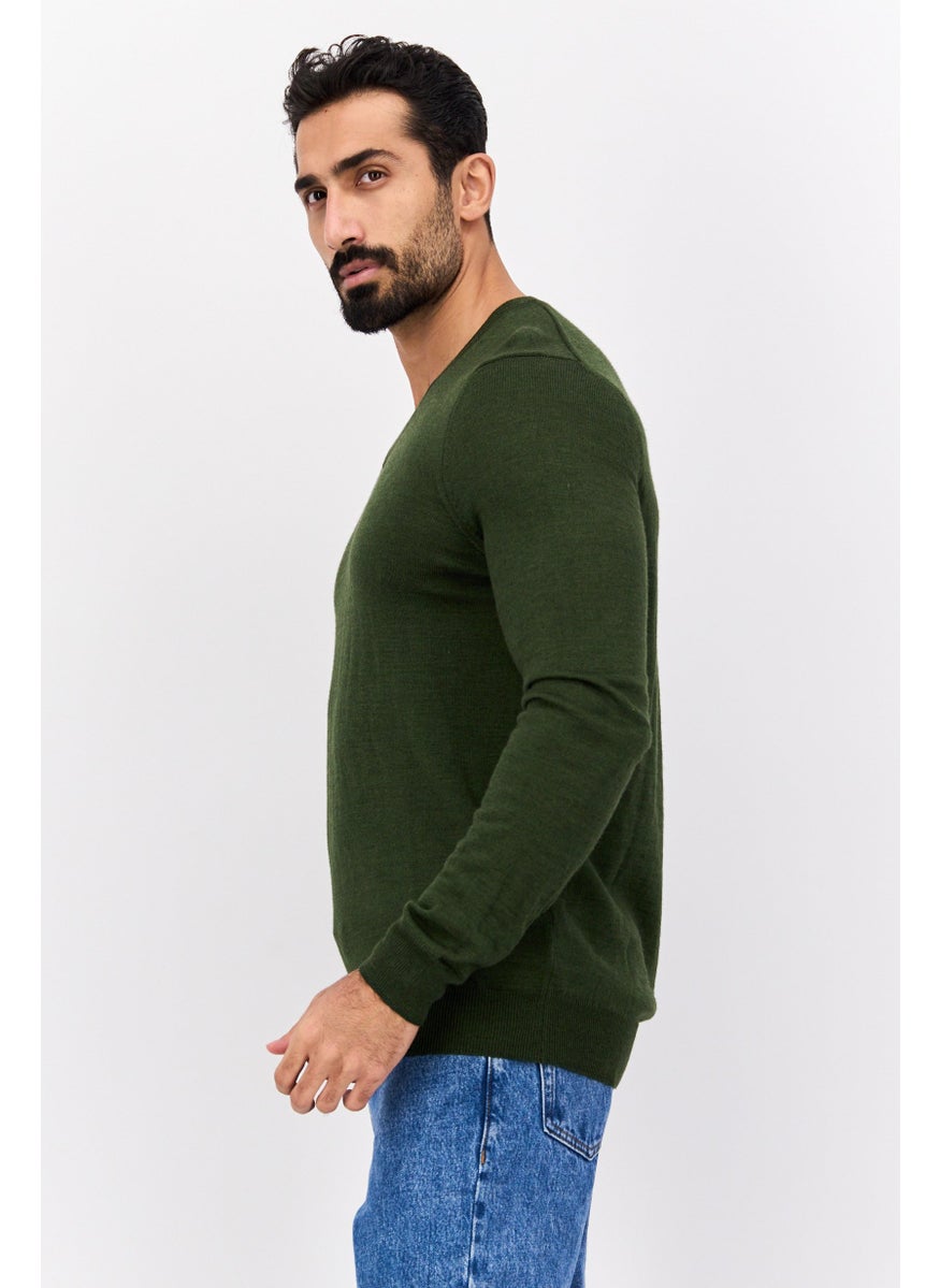 Men V-Neck Textured Print Long Sleeves Sweater, Olive