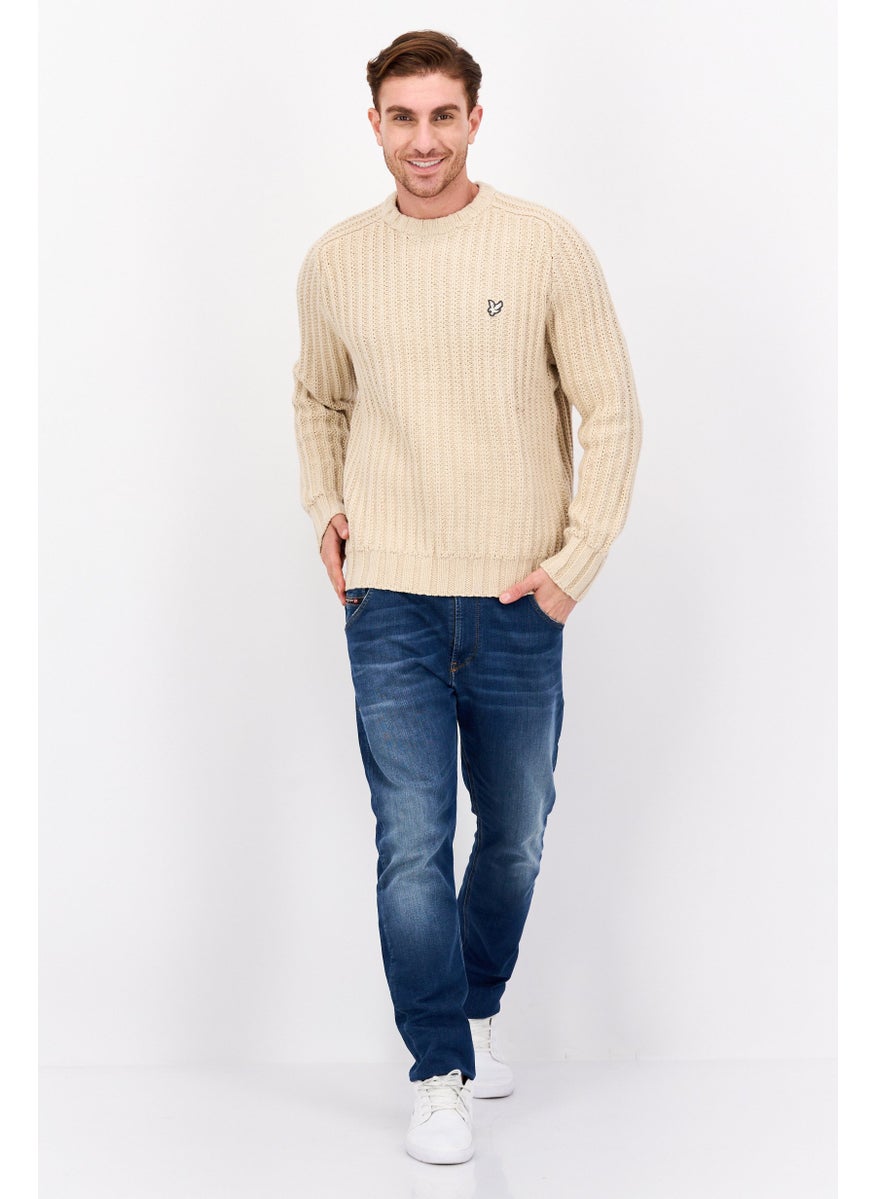 Men Crew Neck Crochet Long Sleeves Sweater, Beige