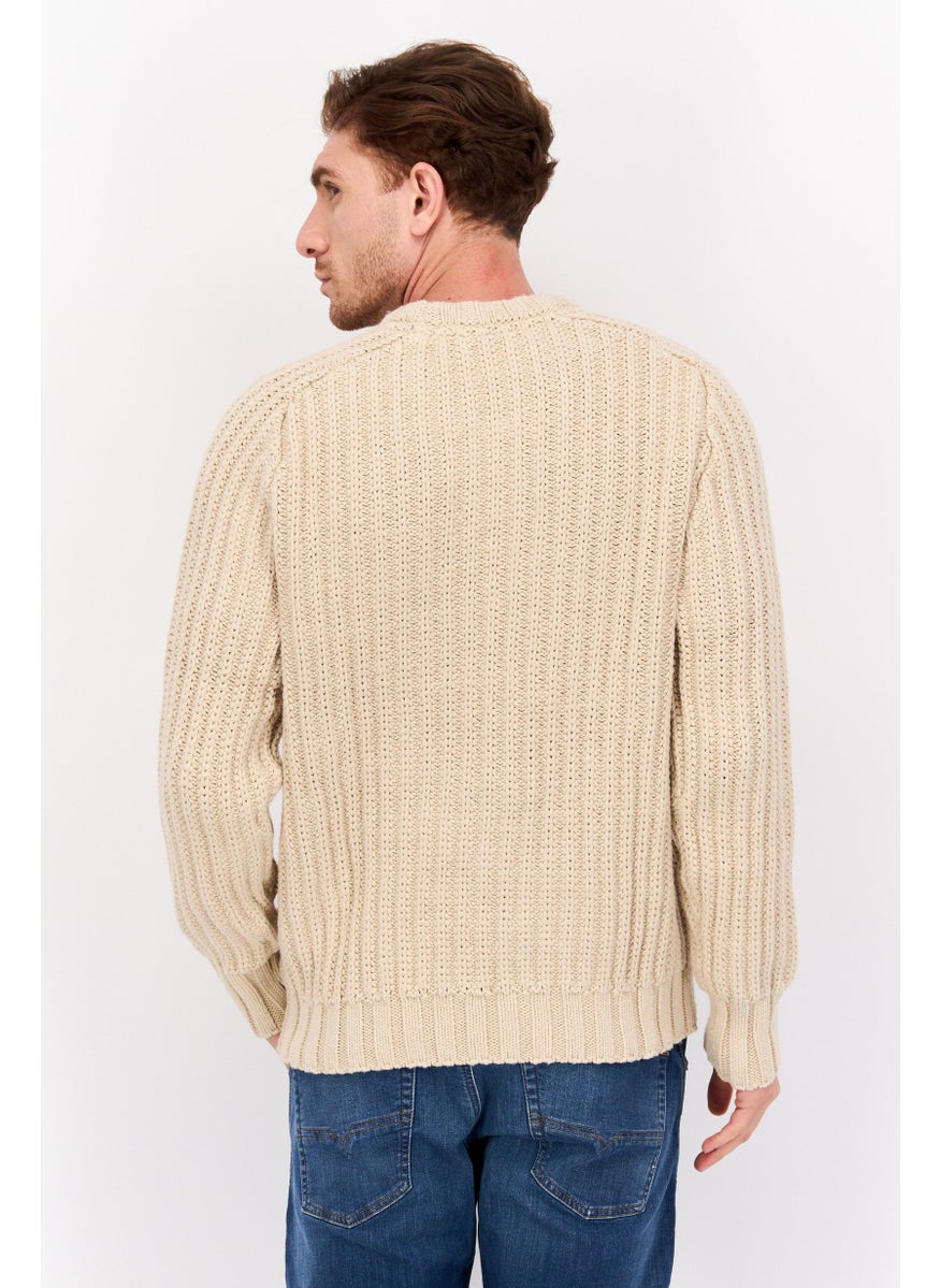 Men Crew Neck Crochet Long Sleeves Sweater, Beige