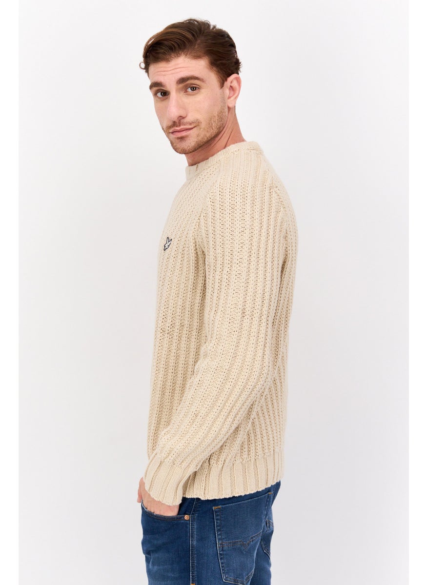 Men Crew Neck Crochet Long Sleeves Sweater, Beige