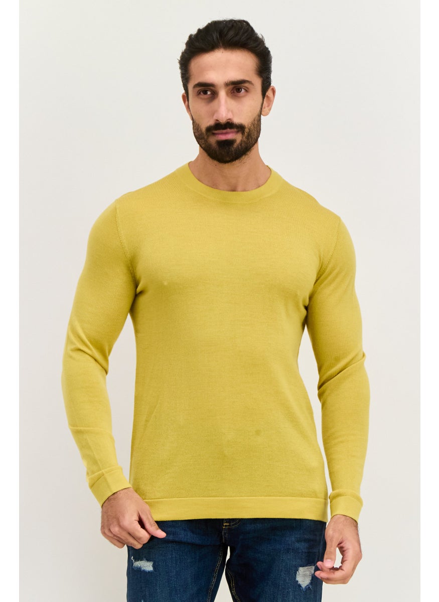 Men Round Neck Solid Long Sleeve Knitted Sweater, Mustard