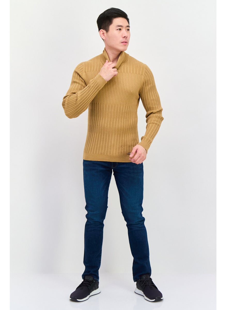 Men Turtle Neck Ribbed Sweatshirt, Tan