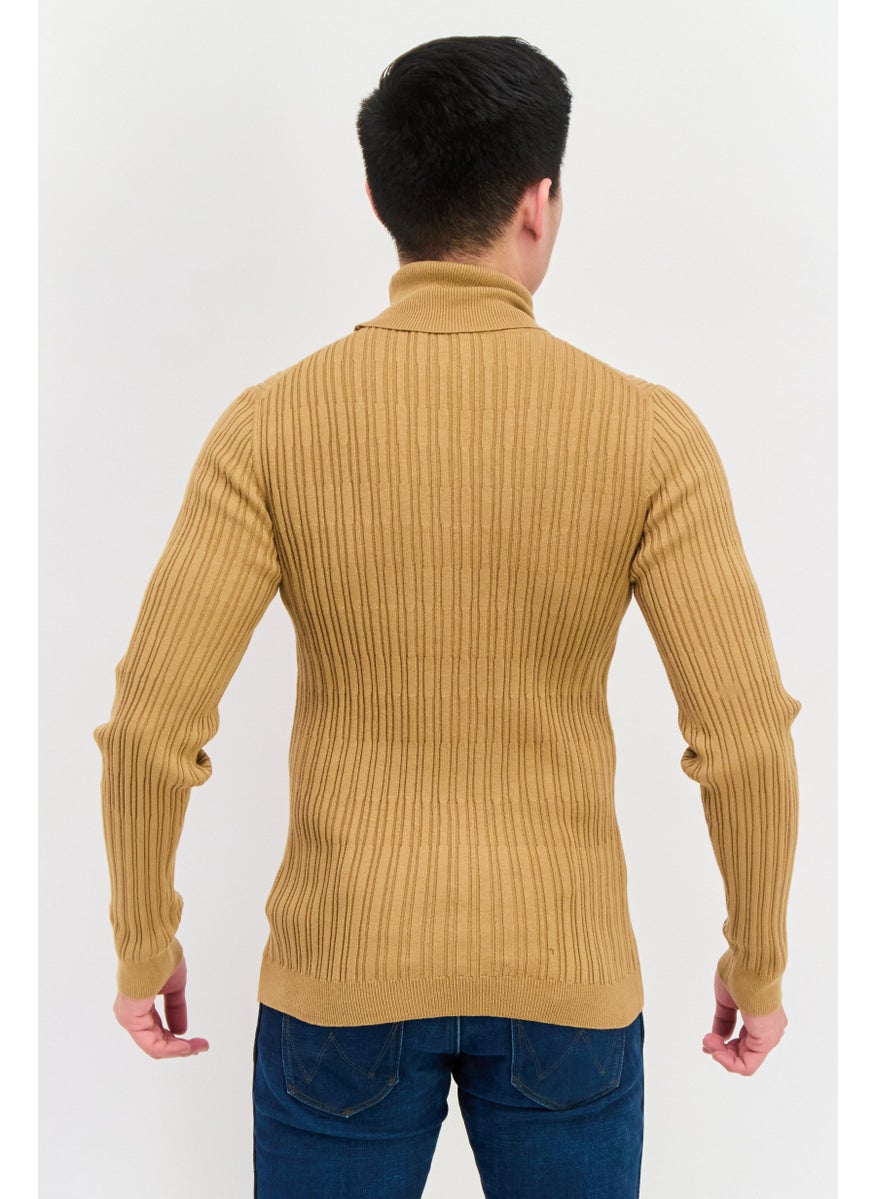 Men Turtle Neck Ribbed Sweatshirt, Tan