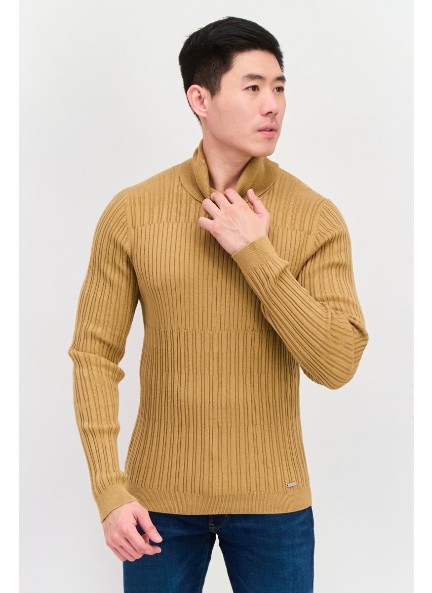 Men Turtle Neck Ribbed Sweatshirt, Tan