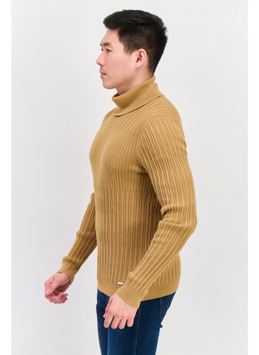 Men Turtle Neck Ribbed Sweatshirt, Tan