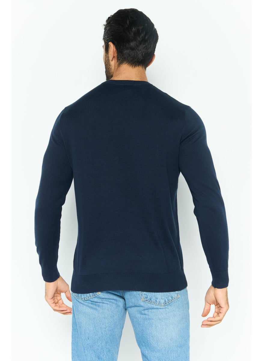 Men Crew Neck Graphic Print Long Sleeves Sweater, Navy