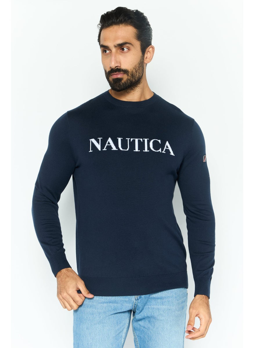 Men Crew Neck Graphic Print Long Sleeves Sweater, Navy