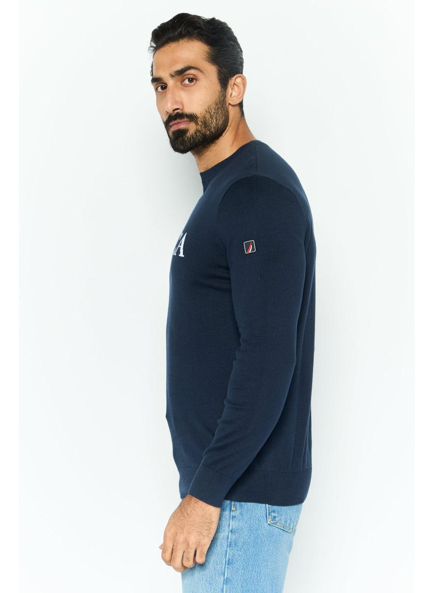 Men Crew Neck Graphic Print Long Sleeves Sweater, Navy