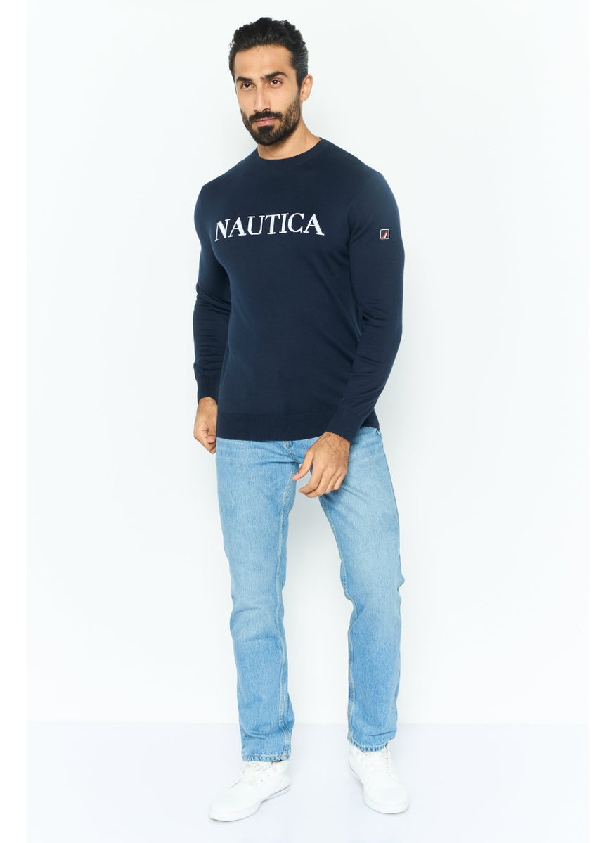 Men Crew Neck Graphic Print Long Sleeves Sweater, Navy