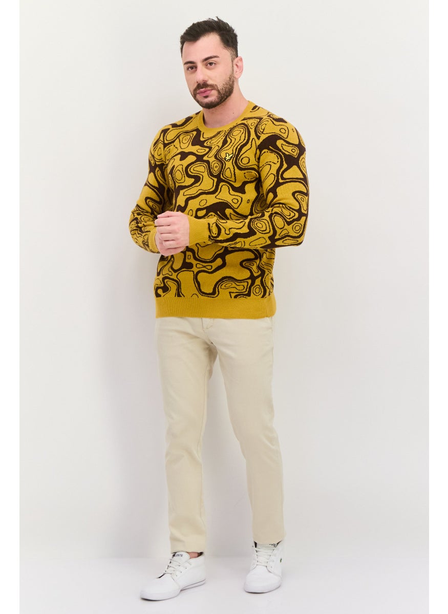 Men Crew Neck Abstract Knitted Sweater, Yellow
