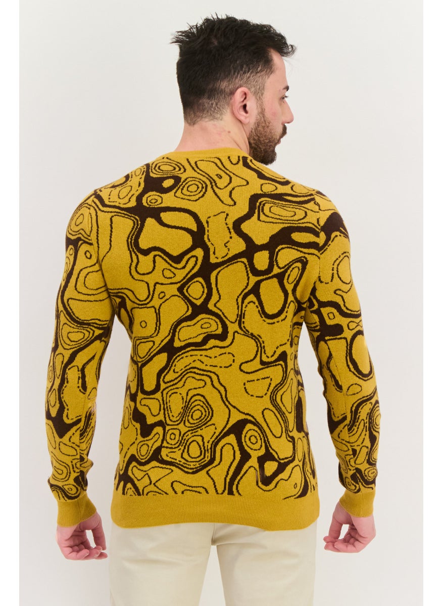 Men Crew Neck Abstract Knitted Sweater, Yellow